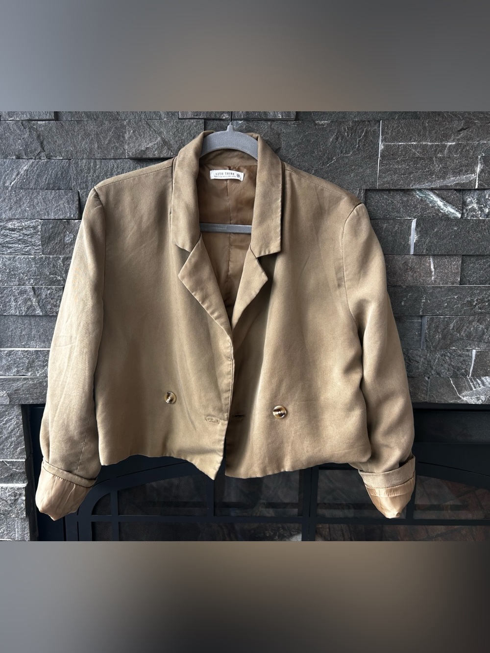 12th Tribe Olive Green/Khaki Cropped Double-Breasted Blazer